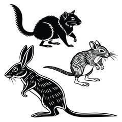 Monochrome Marsupial Medley An Ink Drawing Composition Featuring a Quoll, a Bettong, and a Bilby All in Silhouette