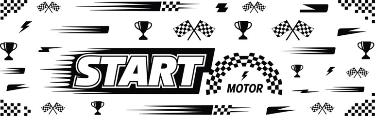 Racing vector illustration set with checkered flags, trophies, lightning icons, speed lines, motor typography, start text, automotive graphics, motorsport elements, fast motion racing design