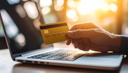 Conveniently shop online with credit card and laptop for modern digital purchase