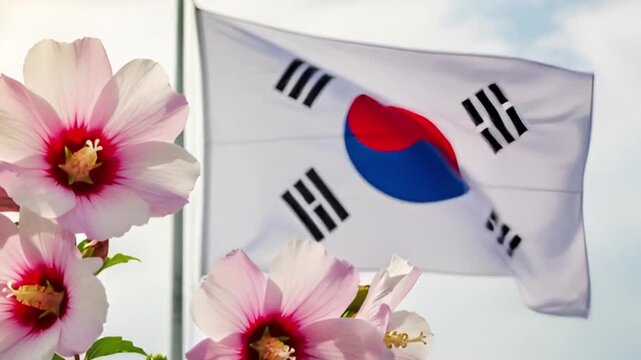 The Taegeukgi, the national flag of the Republic of Korea, and the Mugunghwa (Korean national flower) flutter in the wind.