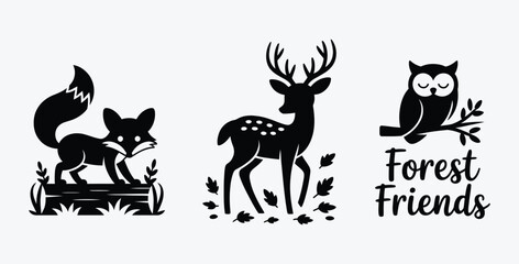 Black and White Forest Animals Illustration Featuring Fox Deer and Owl Design