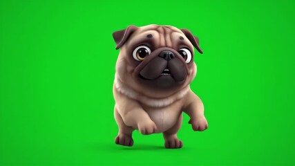Cartoon pug walking, green screen, animation, chroma key, mascot