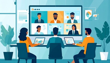 Team collaborating remotely during video conference in modern office setting today