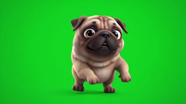 Cartoon pug walking, green screen, animation, chroma key, mascot