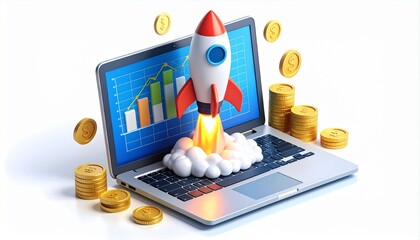 Boost your business with a dynamic rocket launch from a laptop showing growth charts