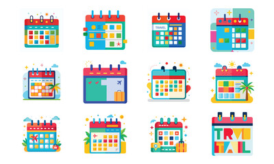 Obraz premium Colorful Travel and Nature Icon Set – Beach Ball, Calendar, Compass, Coral Reef, Credit Card, Tree, Thermometer, Shopping Bag, Volcano, Cloud, Sun, and Animal Paw Print Vector Illustration