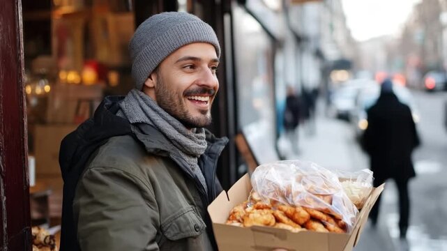 Smiling man holding a box of pastries purchased from a bakery on a cold winter day