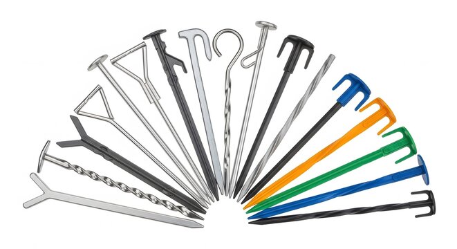 Stakes of the Tent: A detailed image showcasing various styles of stakes, essential tools used for securing tents, offering a glimpse into the diverse designs available.