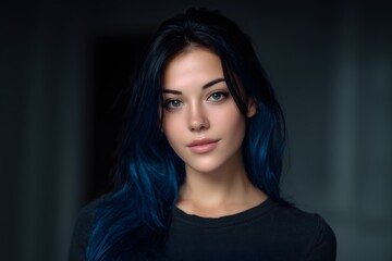 Fototapeta premium Portrait of attractive woman with black blue hair facing camera in natural lighting