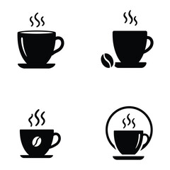 Collection of four black silhouette icons representing steaming cups of hot coffee or tea with subtle variations in design and detail