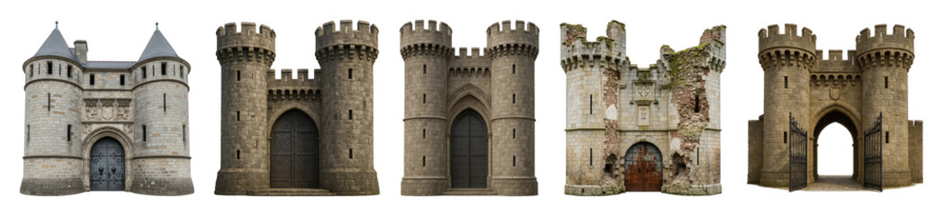 Medieval castle set including fortified gatehouses, stone towers, and ruined facades isolated. Historical architecture collection.