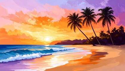 Stunning tropical sunset beach with vibrant orange sky and palm trees, waves gently lap shore