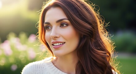 Naklejka premium Attractive brunette woman smiling outdoors in the summer, bathed in warm sunlight and soft green
