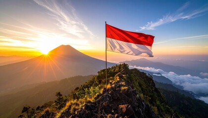 Stunning Indonesian flag waves proudly atop mountain peak at sunrise with golden sunburst