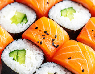 Salmon and cucumber sushi rolls wrapped in nori seaweed, macro shot. AI