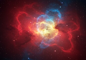 Obraz premium Ethereal cosmic cloud formation, a glowing nebula with vibrant red and blue tendrils surrounding a brilliant golden core in the deep universe