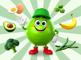 Vitamin B9 concept in the form of a friendly 3D character. 3D image of products containing folic acid for your web site design, logo, app, UI. EPS10.