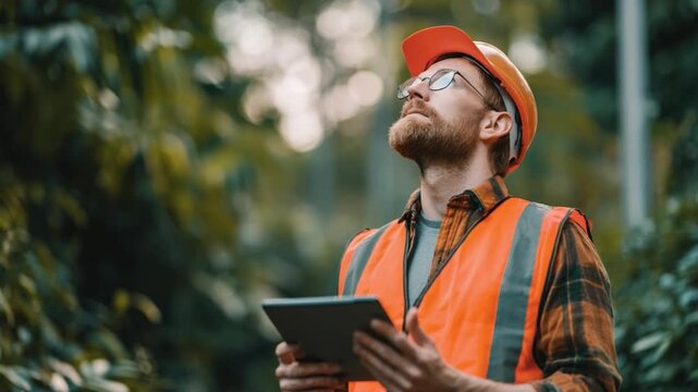 Arborist in Action: A focused arborist, clad in work attire and protective headgear, meticulously surveys the verdant treetops with a tablet, embodying precision and dedication in his work. 