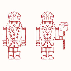 Line art nutcracker with sweets decoration, vector art