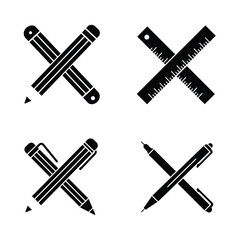 Four hand drawn black ink cross icons representing a pencil ruler pen and fountain pen on a white background