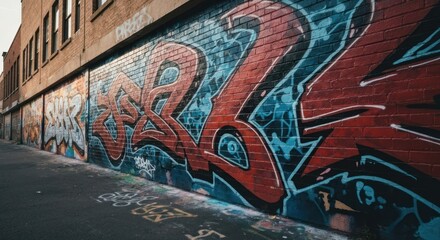 Obraz premium Graffiti-covered brick alleyway, urban scene