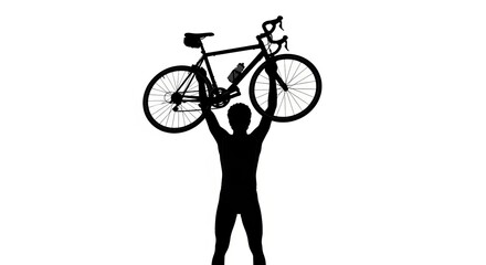 Silhouette of a man holding a bicycle above his head isolated on white background