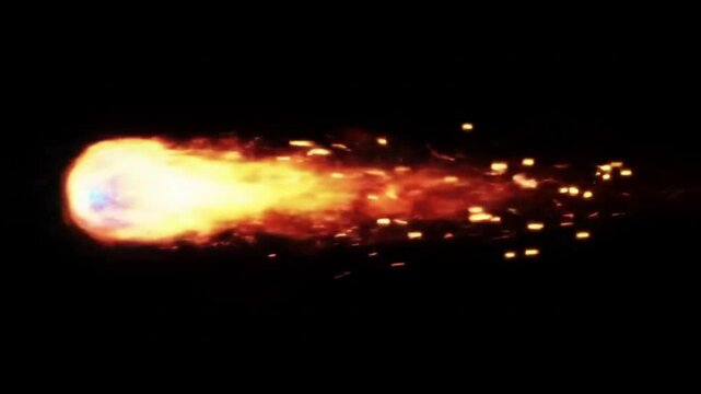 Fiery celestial object streaks across the dark expanse, leaving a trail of sparks.
