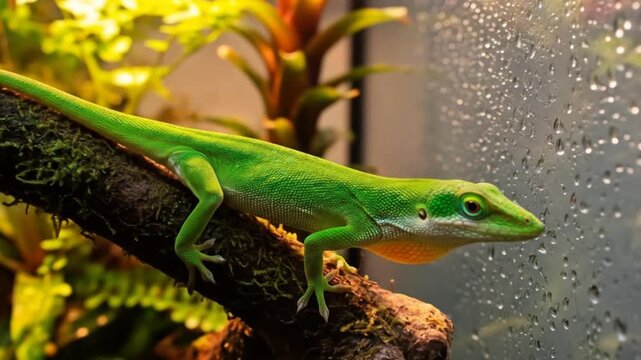 Green lizard on branch in terrarium