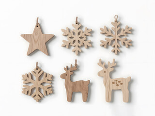 Rustic wooden Christmas ornaments with star, two snowflakes and a pair of reindeer figures, natural woodgrain texture on clean white background