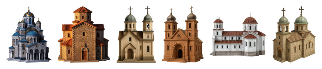 Fototapeta premium Church building set including diverse architectural styles, ornate details, and various materials isolated. Religious architecture collection.