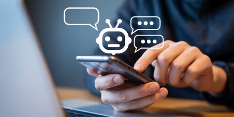 Person interacting with chatbot on smartphone with AI communication icons artificial intelligence