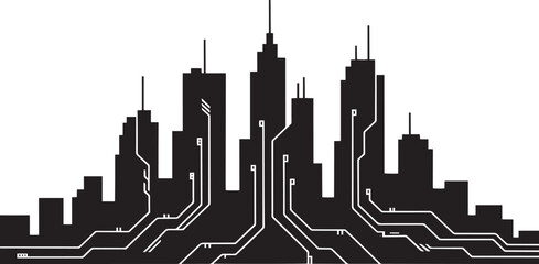 Futuristic Cityscape Silhouette with Circuit Board Details for Technology and Innovation