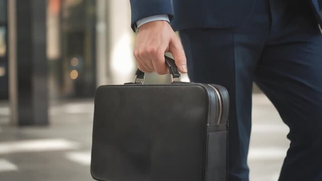 A professional in a suit holding a briefcase, ready for business. The image showcases a confident person, prepared and dressed for success