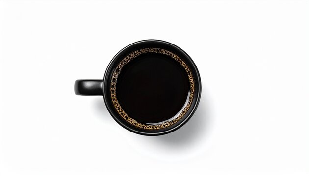 Minimalist top-down view of a fresh cup of black Americano coffee in a black mug isolated on a pure white background
