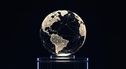Illuminated globe, detailed map, connected by lines, on a pedestal