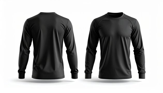 Blank black long sleeve crew neck t-shirt mockup with front and back views. Isolated 3D rendering for apparel design