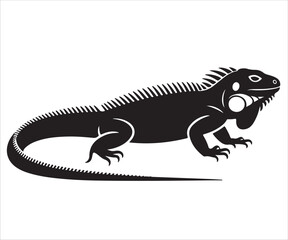 Silhouette of iguana lizard vector illustration, black reptile outline design symbolizing wildlife, exotic animal, tropical habitat, nature, dragon-like creature, cold-blooded species, zoology graphic