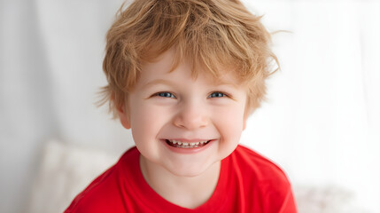 Portrait of smiling child with blond hair and red shirt