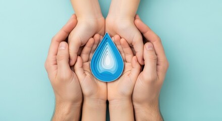 Adult and child hands gently hold a layered blue water droplet symbolizing conservation and care