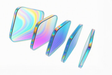 Glossy iridescent glass tiles resembling app icons float on white background, holographic gradients for modern UI or branding design.