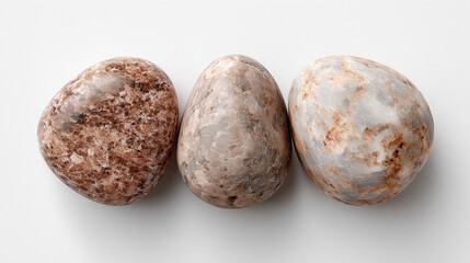 Fototapeta premium Three polished brown and beige granite stones on white background 