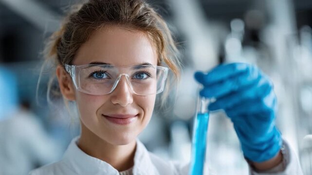 Intrigued Scientist: A young, determined scientist peers intently at a test tube, a study in concentration and discovery.