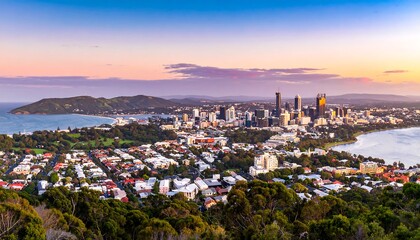 Obraz premium Panoramic sunset view of a city nestled beside a bay