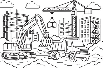Fototapeta premium hand drawn vector doodle illustration of detailed construction site coloring page for kids line art