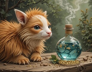 Curious ginger kitten examines a mystical blue potion in a glass bottle set against a whimsical forest background