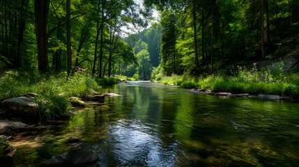 Obraz premium Lush green forest reflecting in calm river on sunny day