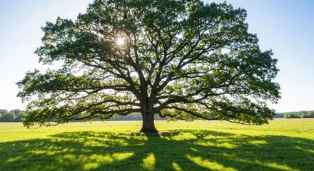 Fototapeta premium Majestic oak tree in a sunlit meadow