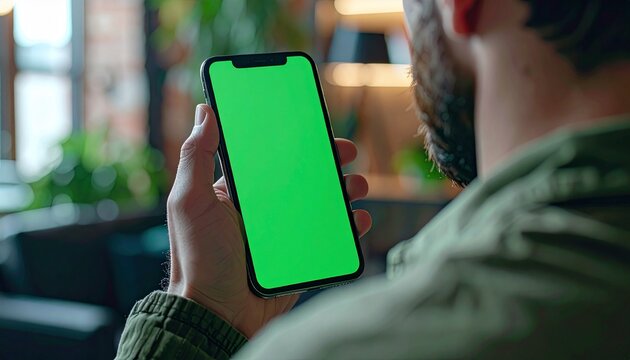 Man Holding a Smartphone with a Green Screen Display.