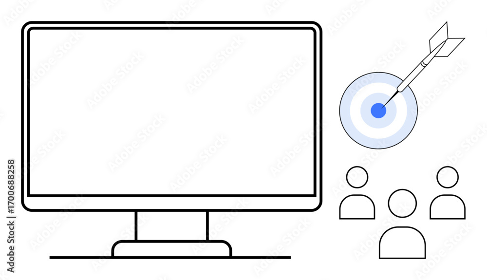 Aufkleber blank computer monitor next to a dart hitting a target bullseye and four user icons. ideal for digit
