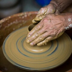 Close-up of aged hands shaping clay on a pottery wheel